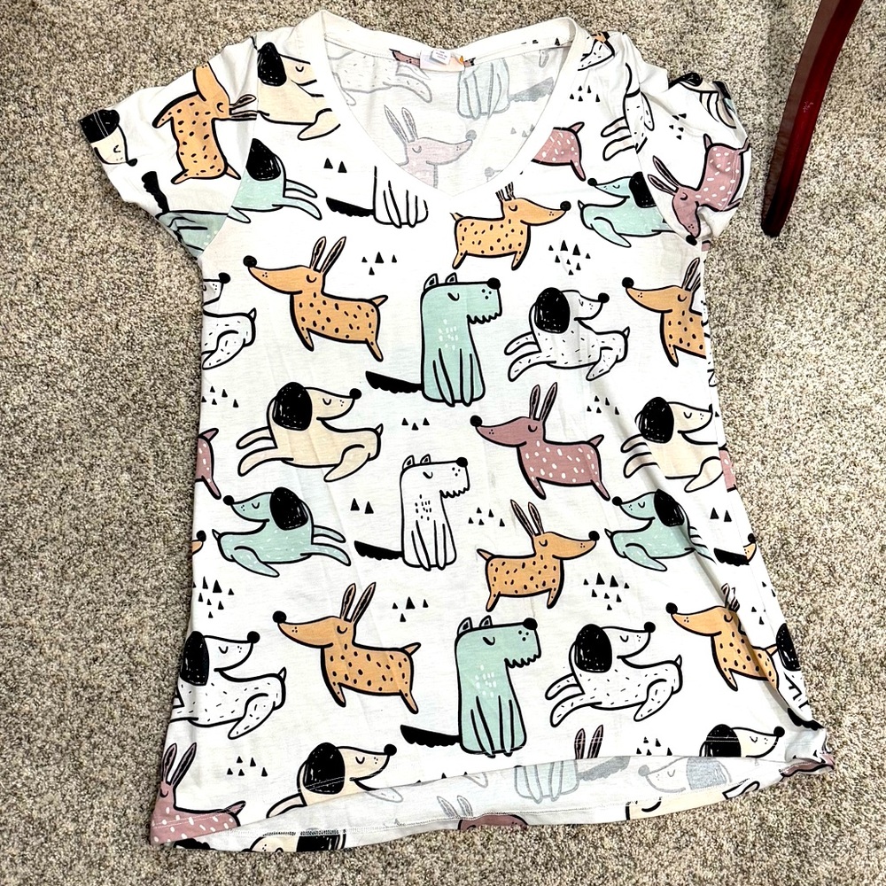 LuLaRoe White Tee with Mint, Mustard and Blush Dog Print